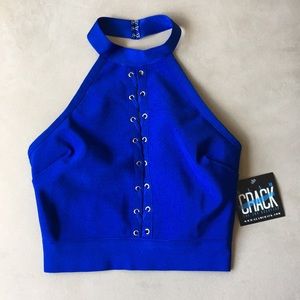 WOW Couture blue halter lace up crop top